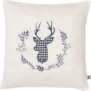 myZirbe Zirbenkissen beige Bestickt mit Hirsch Größe 40x40 cm befüllt mit Zirbenflocken aus Zirbenholz in extra Inlett (blau)