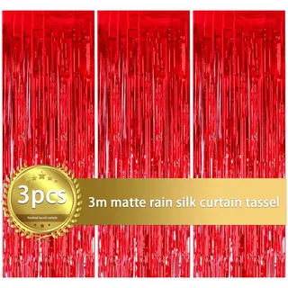 3 STK Rot Folien Vorhänge, 1 x 2.5 m Lametta Vorhang Hintergrund, Selbstklebender Metallische Lametta Vorhänge, Wand Glitzer Vorhang Deko für Geburtstag, Hochzeit, Party, Tür, Fenster, Deko