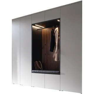 Moderano Garderobe , Anthrazit, Grau, Nussbaumfarben , Holz, Textil, Holzwerkstoff , 6-teilig , Nussbaum , furniert , 250x233x59 cm , Handmade in Germany , Garderobe, Garderoben-Sets & Garderoben-Serien, Garderoben-Sets