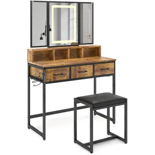 Vicco Schminktisch Fyrk Eiche rustikal 90 cm mit Hocker und LED-Spiegel , Wildeiche , Holzwerkstoff , 3 Schubladen , Rechteckig , 90x137.5x40 cm , Schlafzimmer, Schminktische