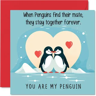 Pinguin-Valentinstagskarte – Pinguine in Love – niedliche romantische Karte für Freundin, Freund, Ehefrau, Ehemann, Partner, Freund, Ihn, Sie, 145 mm x 145 mm Jubiläumsgrußkarten