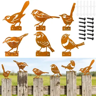KIBBEH Rustikale Rost Vogel Gartendeko, 6er Set Gartenstecker aus Metall mit Schrauben, Wetterfeste Gartendeko für Draußen, Vogel Deko für Garten, Zaun, Terrasse oder Balkon