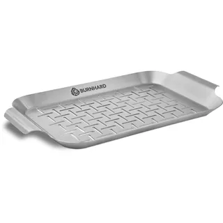 BURNHARD® Grillschale 27,5 x 19 x 2 cm aus Edelstahl für Gemüse, Fleisch und Fisch, Gemüsekorb für Gas-, Elektro- und Holzkohlegrill, spülmaschinenfest, rostfrei