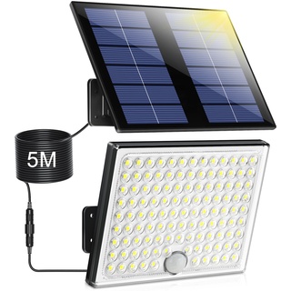 Solarlampen für Außen,Solarleuchte mit Bewegungsmelder,113 LED Solar Strahler IP65 Wasserdichte Solar-Split Wandleuchte mit 5m Kabel für Garage, Garten, Hof, Stufen, Haustüren, Rasen