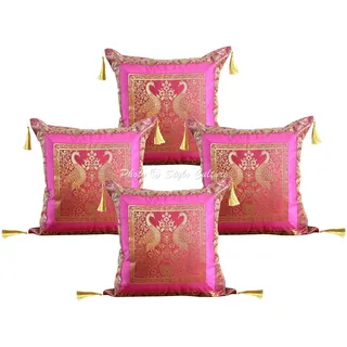Stylo Culture Ethnisch Dekorativ Brokat Seide Sofa Kissenbezüge 45x45 cm Magenta Pink Dekokissen Jacquard Quasten Wohnzimmer Couch Kissenhullen Pfau Quadrat Reißverschluss 18x18 Kissen Bezüge - 4 Stk.