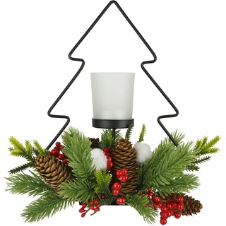 Dekorierter Teelichthalter aus Metall mit Teelichtglas Zapfen Beeren Tannenzweigen Stimmungslicht Lampe Kerzenhalter Weihnachtsdeko Dekoration Tischdeko Dekoobjekt Glas Ornamente 3D Bild