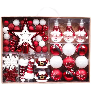 Valery Madelyn Weihnachtskugeln 70 stück Christbaumkugeln Geschenkpaket Weihnachtsbaumschmuck Christbaumschmuck mit Aufhänger für Weihnachtsbaum Weihnachtsdeko,Thema Rot Weiß