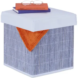 Relaxdays Sitzhocker mit Stauraum, weich gepolstert, faltbar, HBT: 35 x 35 x 35 cm, Sitzwürfel, Stoff, Bambus, grau/weiß