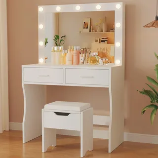 JUMMICO Große Schminktisch mit LED Beleuchtung und Große Spiegel 90 x 40 cm, Einstellbare Helligkeit und Farbtemperatur, Kosmetiktisch mit 11 LED Glühbirne, Weiß