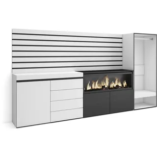 Skraut Home | Sideboard, Kommode | Aufbewahrungsschrank | 274x145x35 cm | Für Schlafzimmer, Zimmer | Elektrokamin XXL | Kommode mit Schubladen | Offener Kleiderschrank | Moderner Stil | Weiß