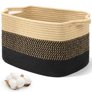 alyvisun Kleiner Wäschekorb Geflochten, Aufbewahrungskorb Geflochten für Schlafzimmer, Wohnzimmer, Babyzimmer, Rechteckiger Cotton Korb Geflochten für Spielzeug, Decken, Handtücher, 33x21.5x23 cm