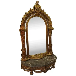 Casa Padrino Barock Spiegelkonsole mit Marmorplatte Gold / Schwarz 145 x 55 x H. 250 cm - Garderobenmöbel im Barockstil - Edel & Prunkvoll - Gold