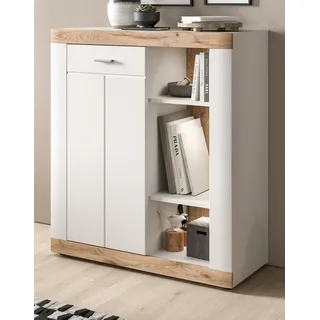 Kommode "Sopela" weiß und Eiche Landhaus Highboard 91 x 104 cm, Soft-Close - Weiß, Naturbelassen