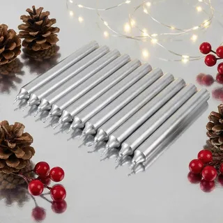 MIJOMA Set Festliche Baumkerzen, Weihnachtskerzen, Pyramidenkerzen, Christbaumkerzen aus Wachs für Weihnachtsbaum, Geburtstagsfeiern und Torten, Lange Brenndauer, Ø11x105 mm (10, Silber Metallic)