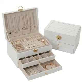 KIVEA Schmuckaufbewahrung Organizer Box, 3-teiliges Set mit Mehreren Fächern, Schmuckkästchen für Ringe Ohrringe Ketten, Holz mit Samtfutter (Weiß)