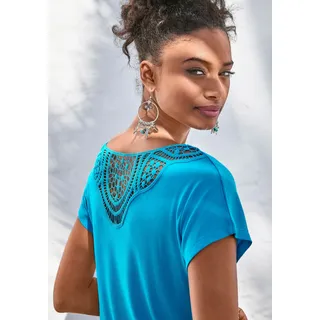 Kurzarmshirt VIVANCE "mit Spitzeneinsatz im Rücken", Damen, Gr. 32/34, blau (türkis), Single Jersey, Obermaterial: 95% Viskose (LENZINGTM ECOVEROTM), 5% Elasthan. Spitze: 100% Baumwolle, unifarben, figurumspielend normal, Rundhals, Shirts Kurzarmshirt, aus elastischem Viskose Jersey, sommerlich leicht, Topseller