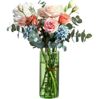 ComSaf Kleine Vasen Deko für Tischdeko, Modern Blumenvase Glas, Mini Vase Tulpen Set, Glasvase Zylinder Rund Gross, Tulpenvase für Tulpen, Pampasgras, Orchideen, Rosen, 20 cm Hoch, Grün