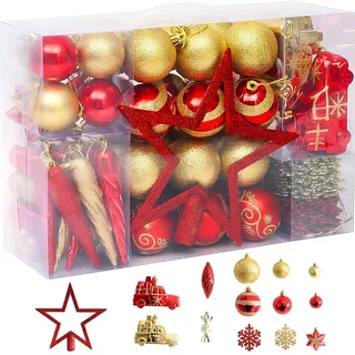 ALINK Weihnachtskugeln 102 teiliges Set,Weihnachtsbaum Deko & Christbaumschmuckl,mit Verpackung – Weihnachtsschmuck Deko für Drinnen & Draußen aus Kunststoff (Gold Rot)