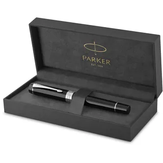 Parker Duofold Classic Füller | Schwarz mit palladium-beschichteten Zierteilen | Größe Centennial | Füllfederhalter mit mittlerer Feder aus Massivgold | schwarze Tinte und Konverter | Geschenkbox