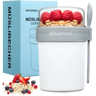 Mitsemmo Müslibecher to Go,Müsli Cup to Go Becher,Joghurtbecher to Go mit Löffel,Cornflakes to Go,Müslibecher Müslidose Müslischale Frühstücksdose Müslibox,Joghurt to Go Becher(560ml+230ml-Weiß)