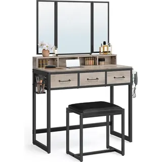 VASAGLE Schminktisch mit 3-teiligem Klappspiegel, Haartrocknerhalter, Kosmetiktisch mit gepolstertem Hocker, 3 Schubladen, Industriedesign, grau und - Schwarz