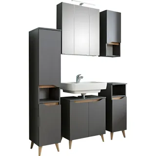 Saphir Badmöbel-Set "Quickset 5-teilig Waschbeckenunterschrank und LED-Spiegelschrank" 5 Stk. tlg., quarzgrau matt, akzent riviera eiche quer nb