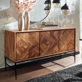 FineBuy Sideboard Sheesham Massivholz 120cm mit 3 Türen - Massive Retro Kommode mit Metallrahmen Schwarz - Design Natur Anrichte - Handdustrial - Braun