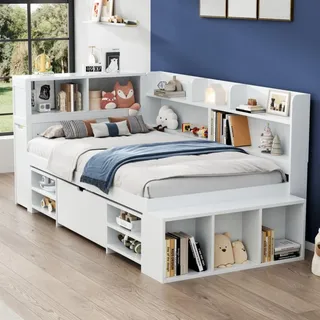 MODFU Kinderbett 90x200cm Schlafsofas mit Schubladen, Bücherregal und StauschrankHolzbett mit großer Stauraum, Lattenrostweißohne Matratze - Weiß