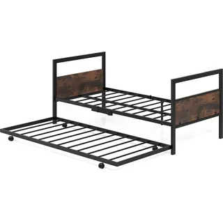 COSTWAY Tagesbett 90x200cm ausziehbar, Gästebett Bettgestell mit Lattenrost, Kopf- & Fußteil, Einzelbett, Bettsofa bis 220kg belastbar - Braun, Schwarz