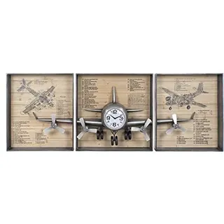 DRW Set von 3 Wanduhr mit 1 Flugzeug aus Metall und Glas in Silber, 205 x 28 x 75 cm, Kristall, 205x28x75cm