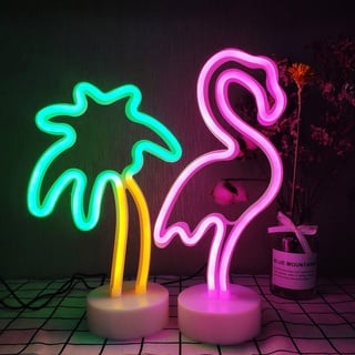 ENUOLI LED Flamingo und Kokosnuss Palme Neonlichter 2 Packungen Dekoration Neonzeichen Tischdekor Lichter USB/Batteriebetriebene Neonlichter für Schlafzimmer Home Hochzeit Geburtstag Urlaub Bar Par