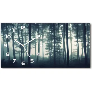 Wanduhr aus Glas – 60x30 cm - Glasbild - Glasuhr - Gehärtetes Glas - weisse-zeiger - Wald im Nebel
