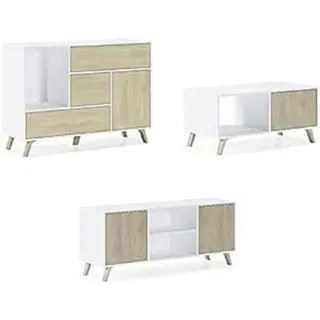 Skraut Home – Sideboard+TV-Schrank+Couchtisch Wohnzimmer-Set – Modell Wind – Esszimmer-Set – Widerstandsfähige Struktur – Einfache Montage – Weiß/Puccini-Finish