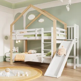 Flieks Etagenbett mit Rausfallschutz, Kinderbett mit Rutsche und Leiter, Hochbett mit Lattenrost, Hausbett Massivholzbett Stockbett 90x200cm, Weiß - Naturbelassen
