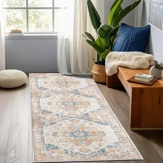 TOPICK Vintage Küchenteppich Läufer Flur Küchenläufer 90x150 Orange | orientalisch Teppichläufer brücken Teppich Läufer lang rutschfest cottagecore Flurteppich Eingangsbereich Kitchen Runner Rug