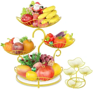 PouHenier.jh 4 Etagere Große Obstschale und Gemüsekorb für Küchenarbeitsplatte, Gestufter Metall Obsthalter und Gemüsekorb, Modern Verstellbares und Stabiles Obstkorb für Obst Aufbewahrung (Gold)