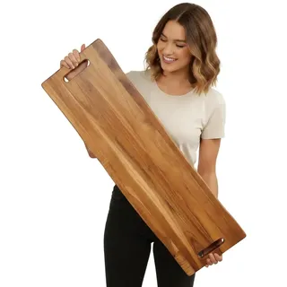 Servierbrett Holz XXL 91,5 cm Akazienholz – Käsebrett & Servierplatte groß | Handgefertigtes Servierbrett aus Akazienholz mit Griffmulden – Käseplatte, Wurstplatte und Brotbrett in einem
