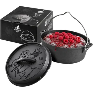 Feuergott Dutch Oven 1,5L ohne Füße – Gusseisen Mini Topf für Brot, Camping, Backofen, Herd, Induktion – Schmortopf für kleine Gerichte, Rationen, Beilagen, Singlehaushalt, Kochen, Braten, Outdoor