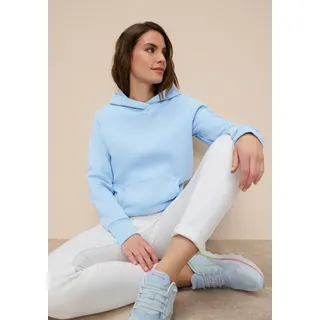 Kapuzensweatshirt TAMARIS, Damen, Gr. 44/46, blau (hellblau), angeraute Sweatware, Obermaterial: 80% Baumwolle, 20% Polyester. Kapuzenfutter: 100% Baumwolle, Basic, figurumspielend hüftbedeckend, Rippbündchen, Sweatshirts Kapuzensweatshirt, figurumspielender Schnitt mit Tasche