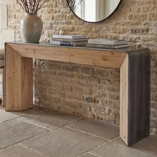 Konsolentisch HWC-L76, Telefontisch Beistelltisch Tisch, Industrial Massiv-Holz MVG, 80x120x40cm nat