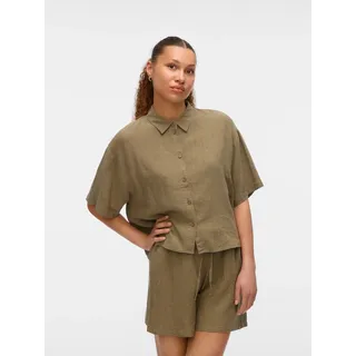 Vero Moda Hemdbluse VERO MODA "VMLINN LINEN 2/4 SHORT SHIRT WVN NOOS", Damen, Gr. XS, beige (kalamata detail:melange), Web, Obermaterial: 55% Leinen, 45% Viskose, meliert, regular fit, Blusen Hemdbluse
