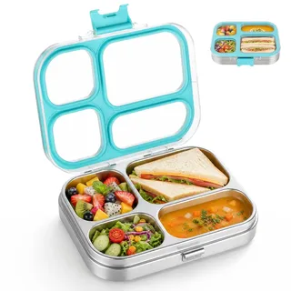Cozary Edelstahl Brotdose Kinder mit 4 Fächern und Dichtring, 800ml Metall Bento Lunchbox, Spülmaschinenfest, BPA frei, Kinderfreundliches Design für Schule, Picknick und Reisen, Blau