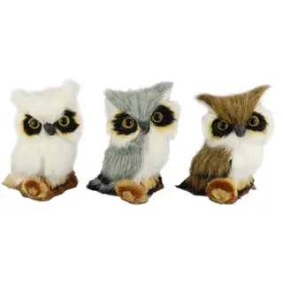 I.GE.A. "Tierfigur mini Eule 3er Set", Aus Kunstfell Vogel Dekovogel Statue Ornament Pelz Plüschtier Waldtier,