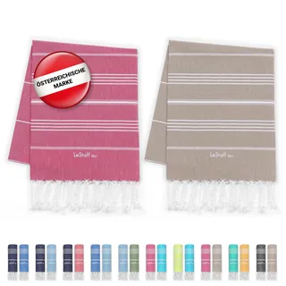 LeStoff 2er-Set Hamamtuch 95 x 180 cm - 100% Bio-Baumwolle, Vorgewaschen, Nachhaltig, Saugstark & Schnelltrocknend, Reisehandtuch, Campinghandtuch, Badetuch, Saunatuch, Strandtuch (Fuchsia + Beige)