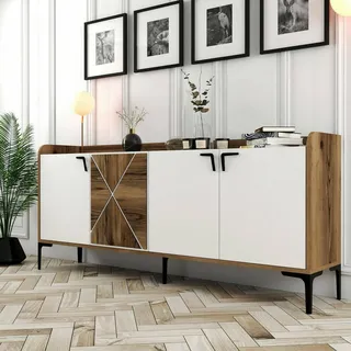 Dmora - Konsolentisch Deneb, Wohnzimmer-Sideboard, niedriger TV-Schrank, ausgestatteter Wandsockel, 180 x 35 h78 cm, Walnuss und Weiß