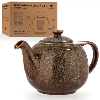 Teekanne mit Siebeinsatz Swansea Seegrün 1,1 L mit Filter, aus Porzellan von URBAN LIFESTYLE, Tee Kanne die tropffrei ist. Teapot mit Siebeinsatz Porzellan