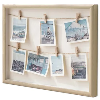 Gwezmxs Bilderrahmen Collage, Fotohalter mit Klammern, Bilderrahmen mit Klammern und Leine, Fotocollage mit 7 Klammern für Polaroid Fotos, Photo Frame with Clips, Holz, 42x32cm