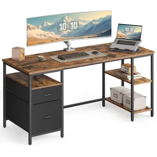 VASAGLE Computertisch, mit 3 Ablagen, 2 Schubladen, 160 x 60 x 76 cm | Bürotisch, Schreibtisch, fürs Büro, Wohnzimmer, moderner Stil, Rustikales Braun und Mattschwarz, BARNET Kollektion LWD105K01