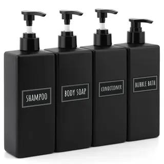 Segbeauty Shampoo Flaschen zum Befüllen, 4 Stück 500ml Seifenspender Schwarz Matt, Seifenspender Kunststoff, Duschgel Spender mit Etiketten, Pumpflasche für Shampoo, Körperseife