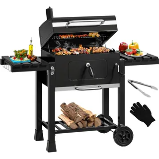 YITAHOME XXL Holzkohlegrill BBQ Smoker Grillwagen mit Deluxe Gusseisenrost & Emaille-Kohlenstoffpfanne, Thermometer, Standgrill für Party, Camping, Garten, inkl. Küchenzange und Handschuh